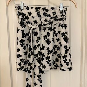 Floral Black and White paper bag shorts with Belt